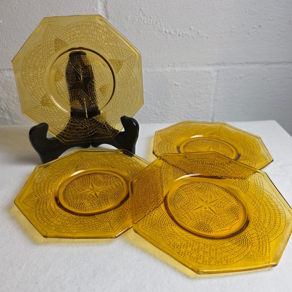 1920's L.E. Smith Romanesque Amber Depression Glass Octagon Salad Plate Set of 4